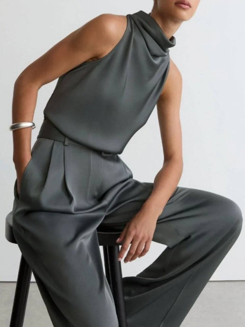 *Petite* REISS Erica Satin Jumpsuit Dark Grey Cowl-Neck Wide-Leg Quiet Lux